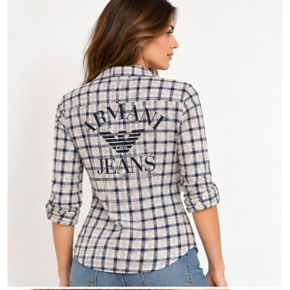 Armani Jeans Womens S Plaid Shirt Navy Cream Logo Graphic Back Regular Fit